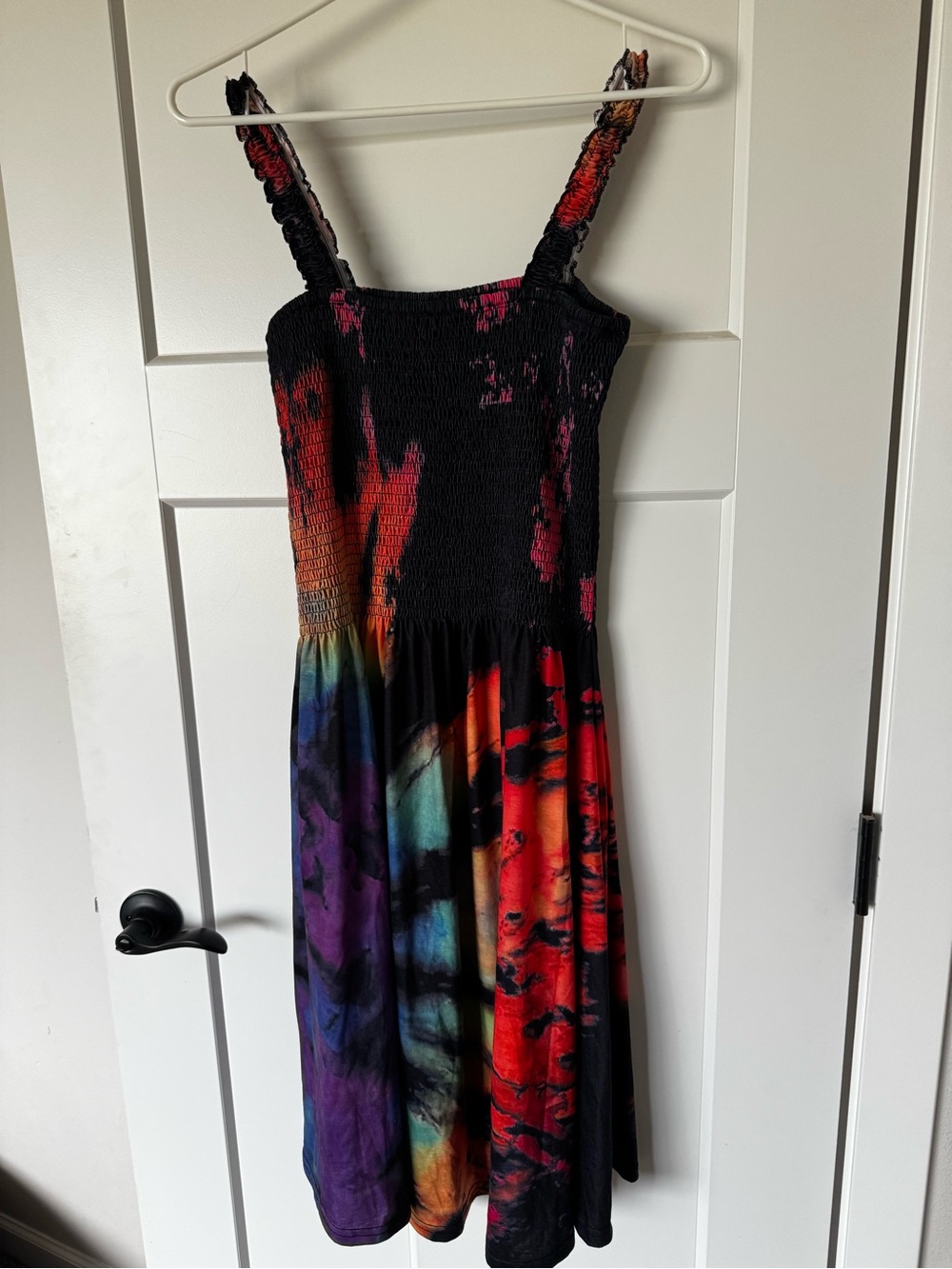 Black Multicolor Tie-Dye Smocked Midi Dress